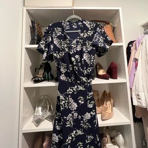 Navy blue floral print wrap summer dress